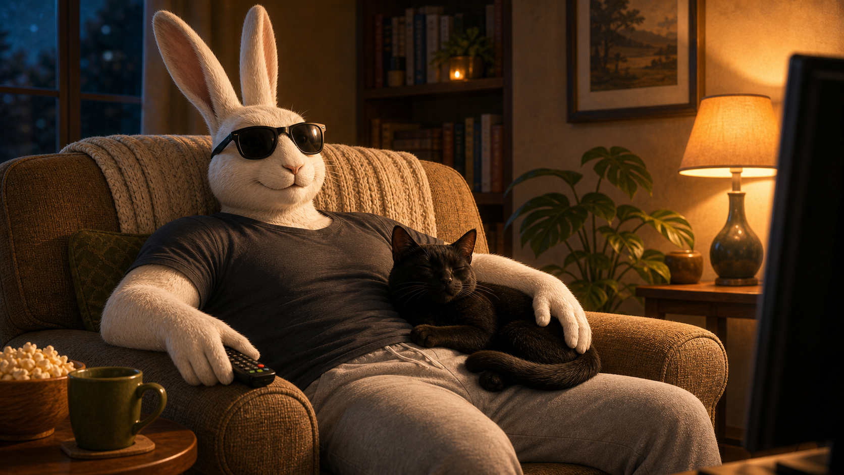 Rabbit relaxes at home with Meeko