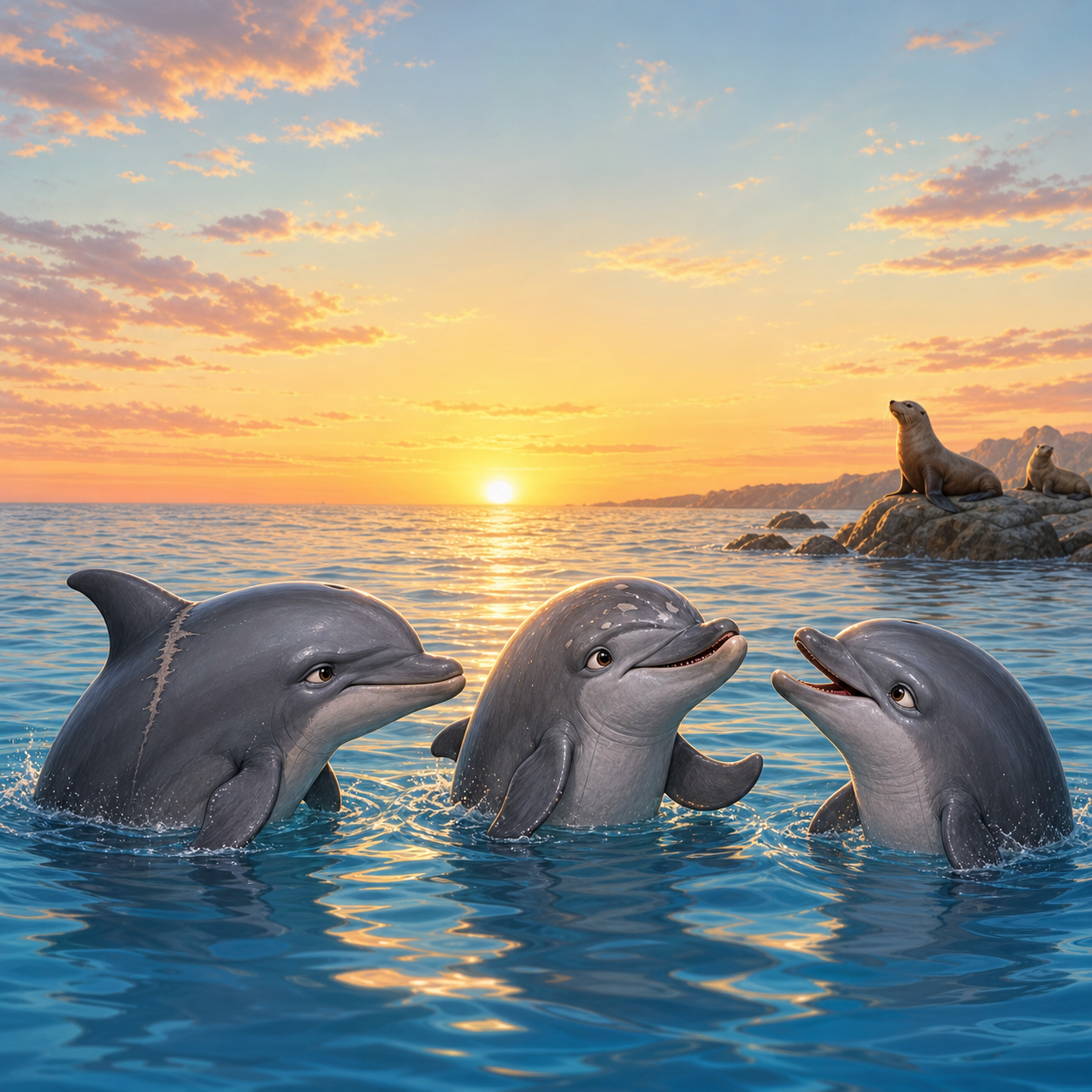 Three dolphins at sunrise with sea lions watching from distant rocks.
