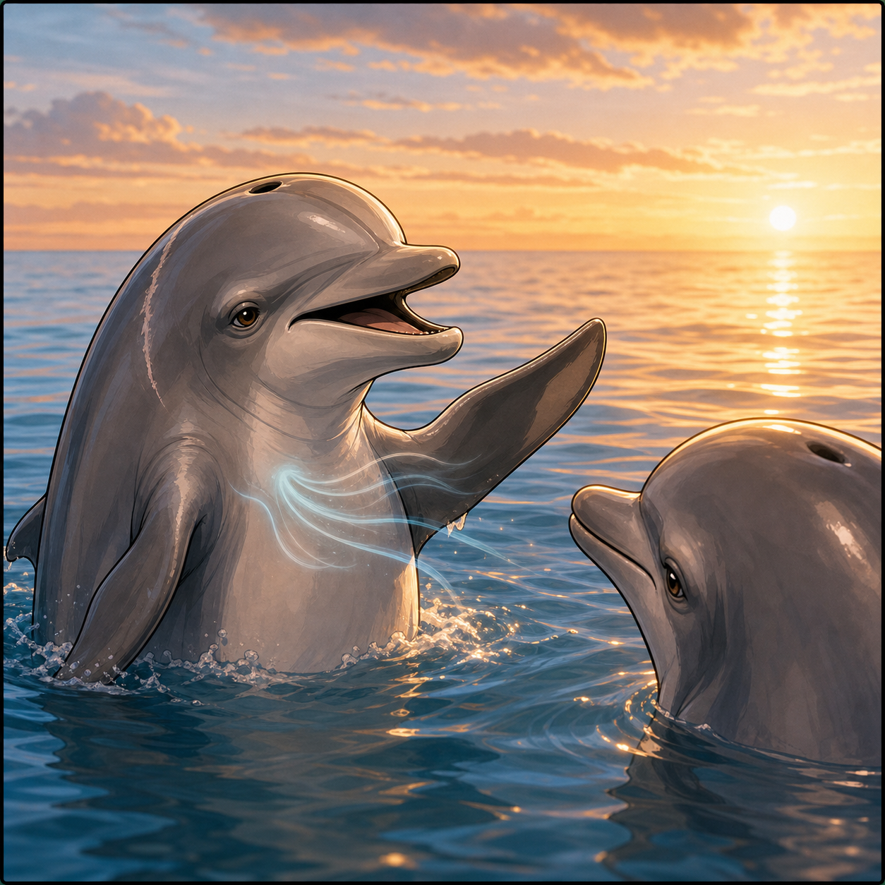 Dolphin explains healed dorsal fin injury and respiratory recovery.