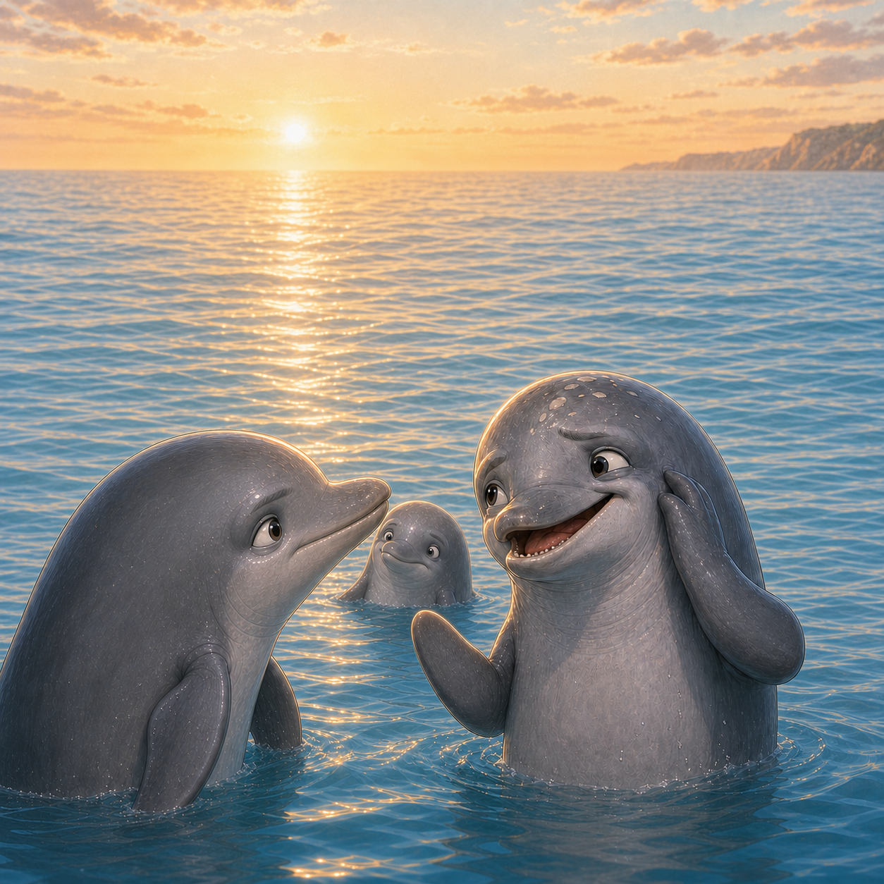 Dolphin 1 asks Dolphin 3 about his recovery while Dolphin 2 listens from behind.