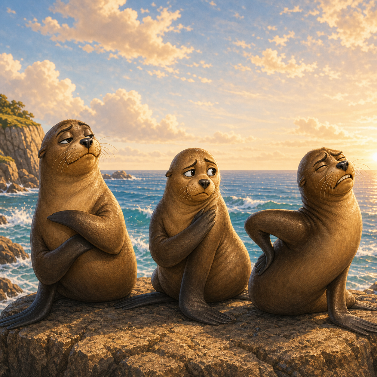 Three sea lions react to the dolphins talking about Merci.