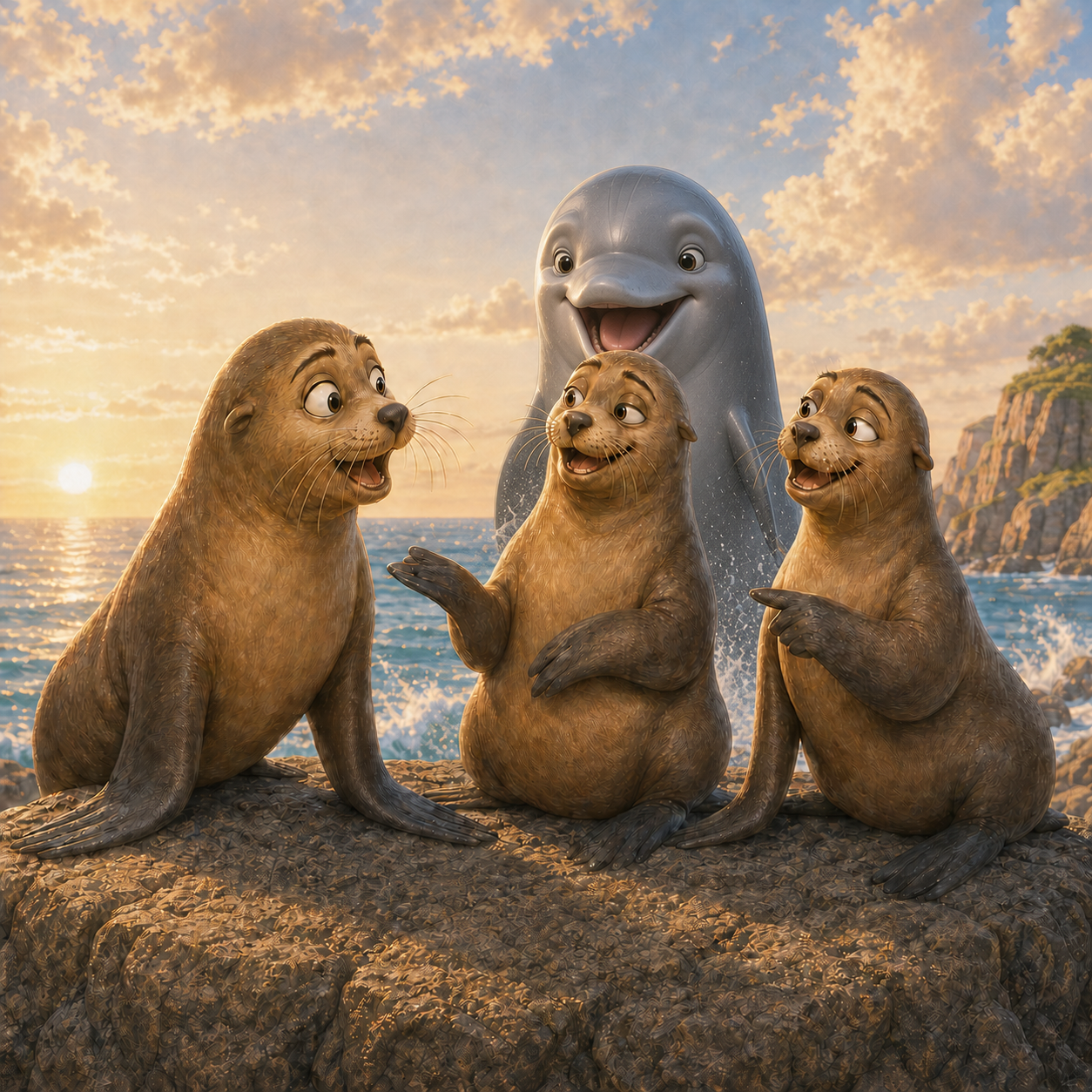 Sea lions ask where Merci is while Dolphin 3 answers from behind the rock.