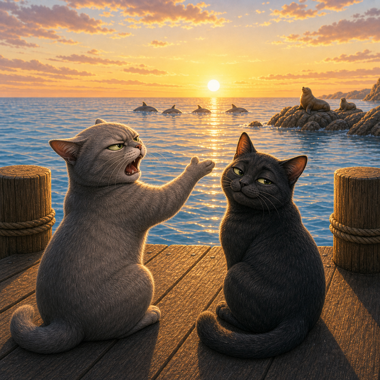 Sunshine complains to Meeko while dolphins and sea lions appear in the distance.
