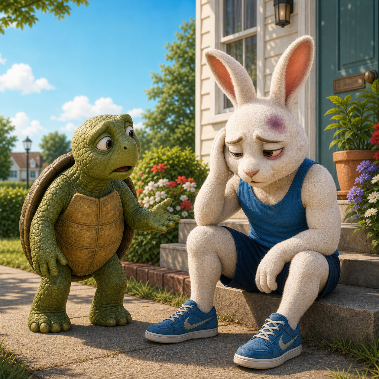 Tortoise notices Rabbit holding his sore head after another cabinet accident.