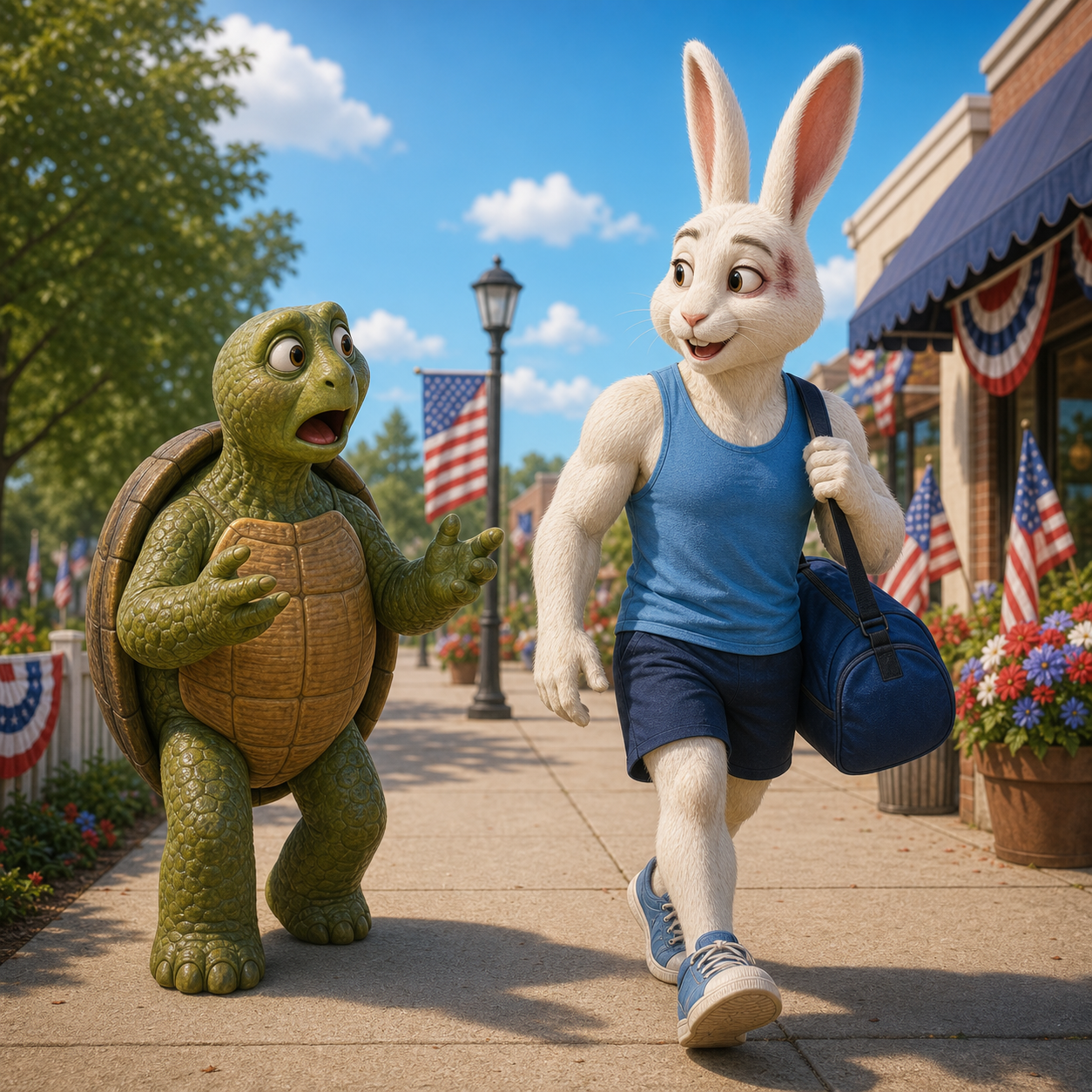 Rabbit and Tortoise walk through town decorated for the Fourth of July.