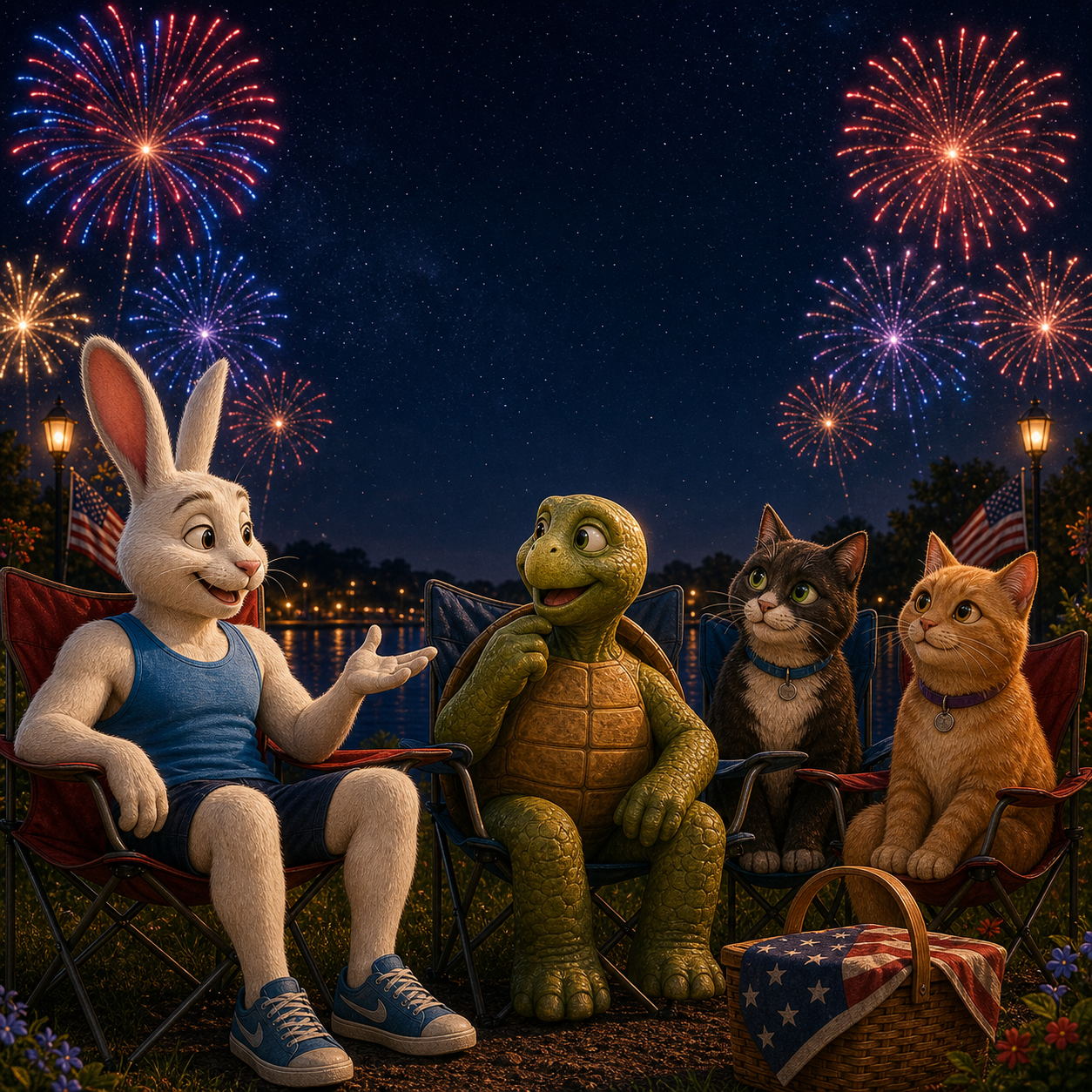 Rabbit, Tortoise, Meeko, and Sunshine sit together watching Fourth of July fireworks.