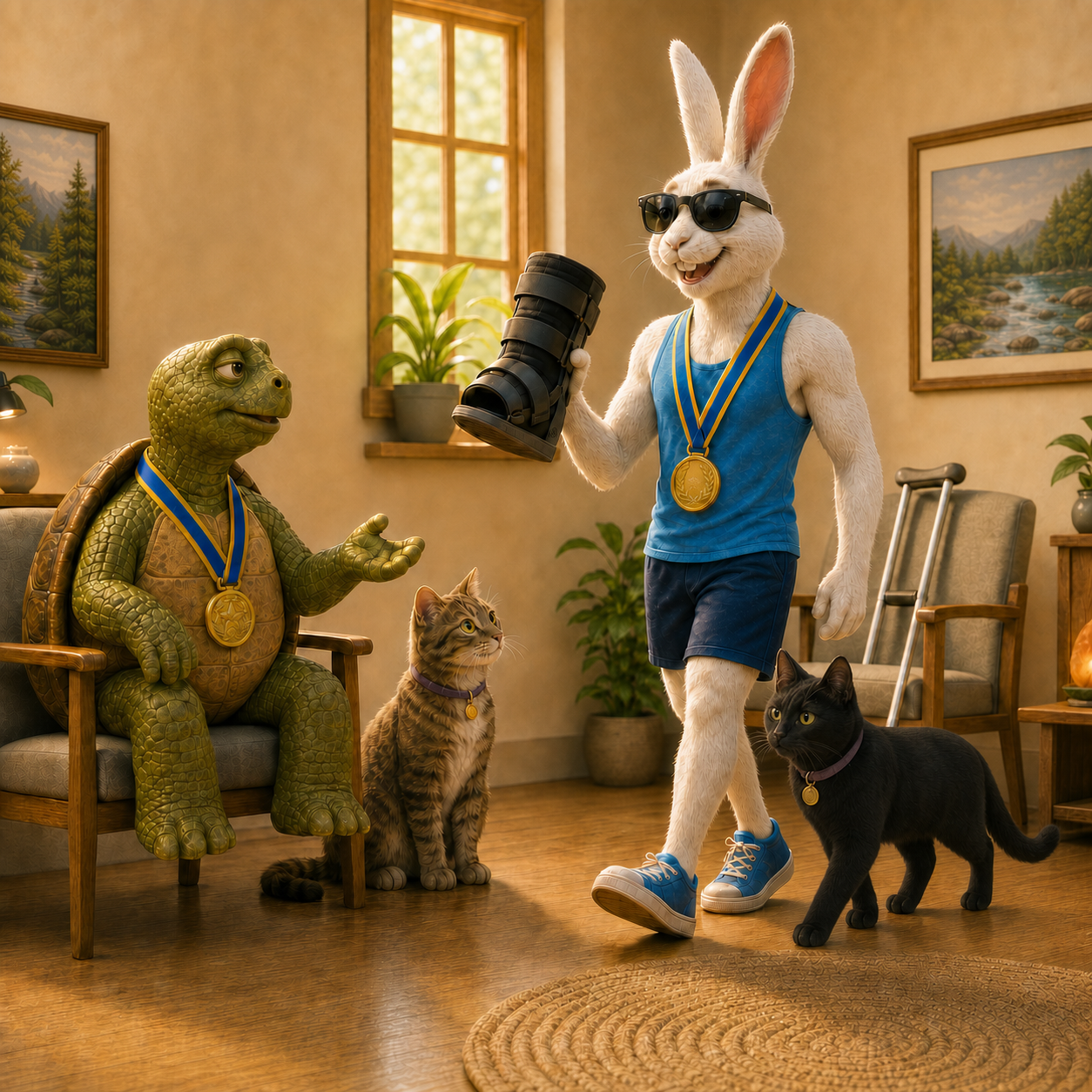Rabbit returns to the Merci waiting room holding his walking boot while Tortoise asks how it went