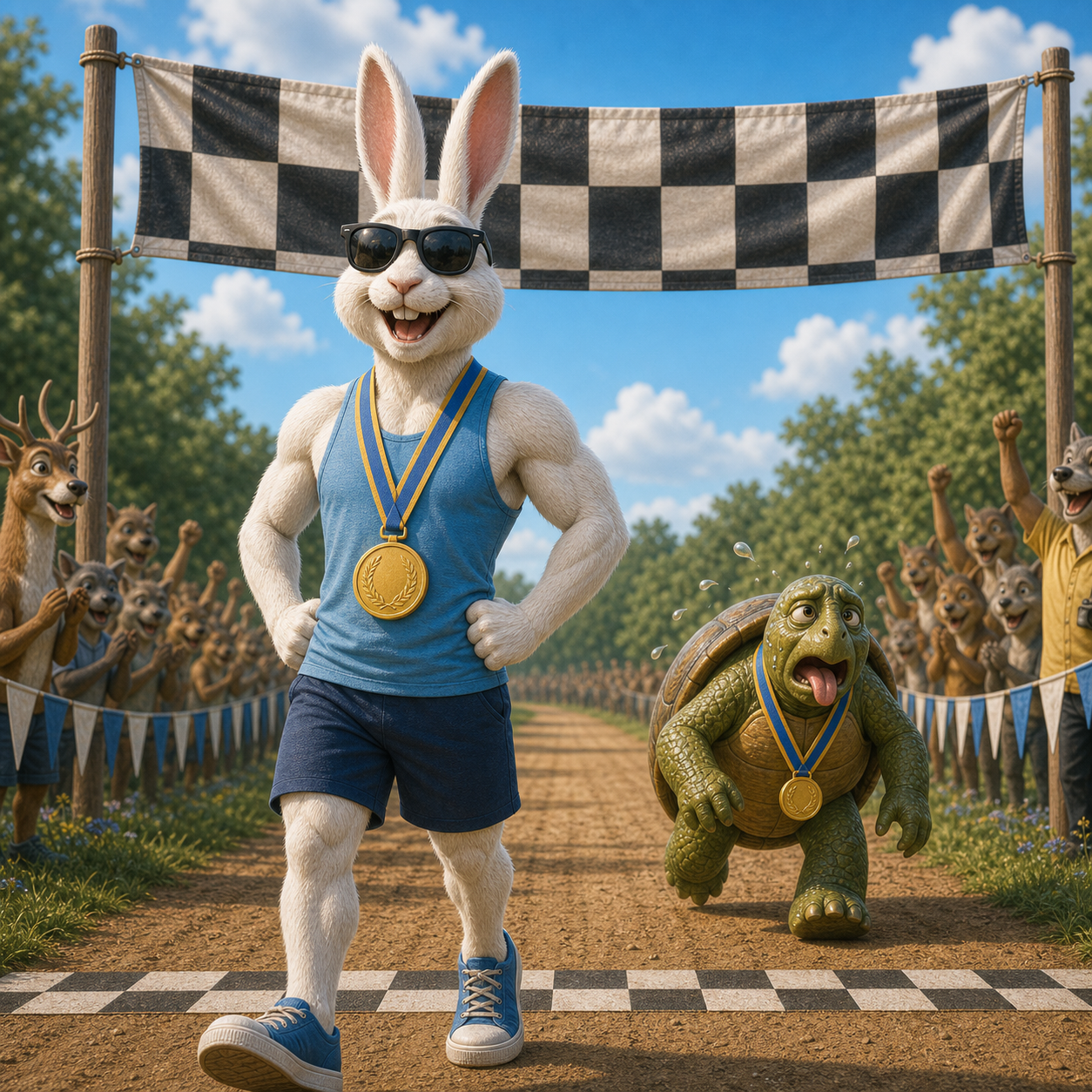 Rabbit recovered and confident after the rematch while Tortoise reacts
