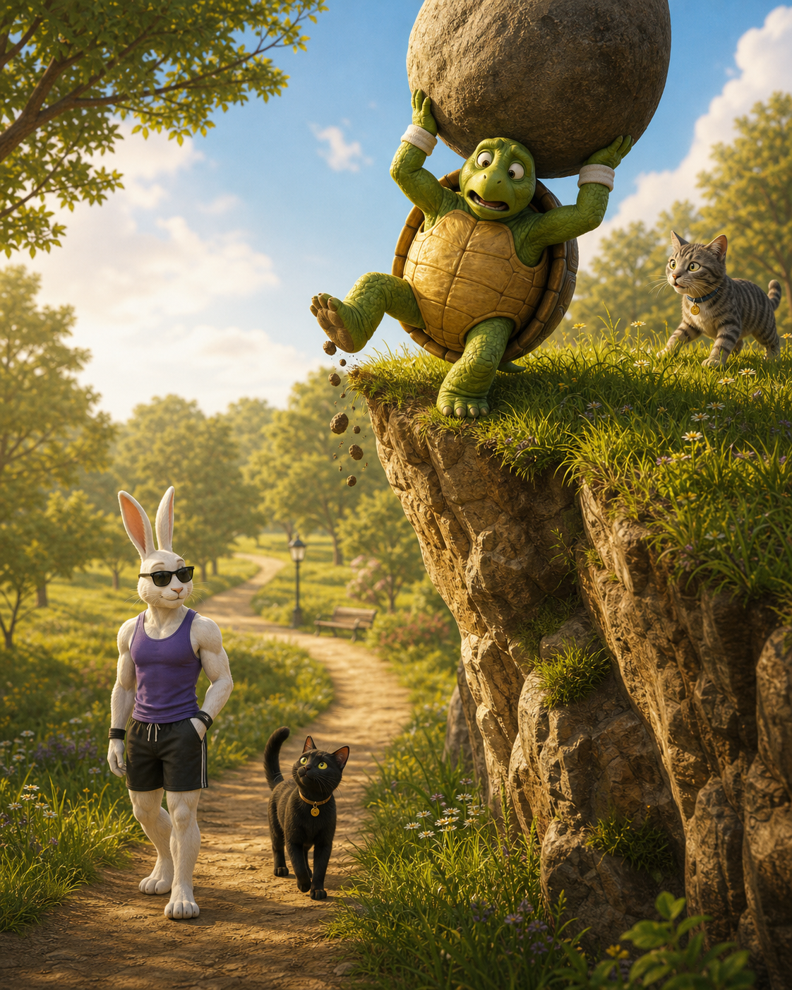 Tortoise miscalculates while trying to move a boulder.