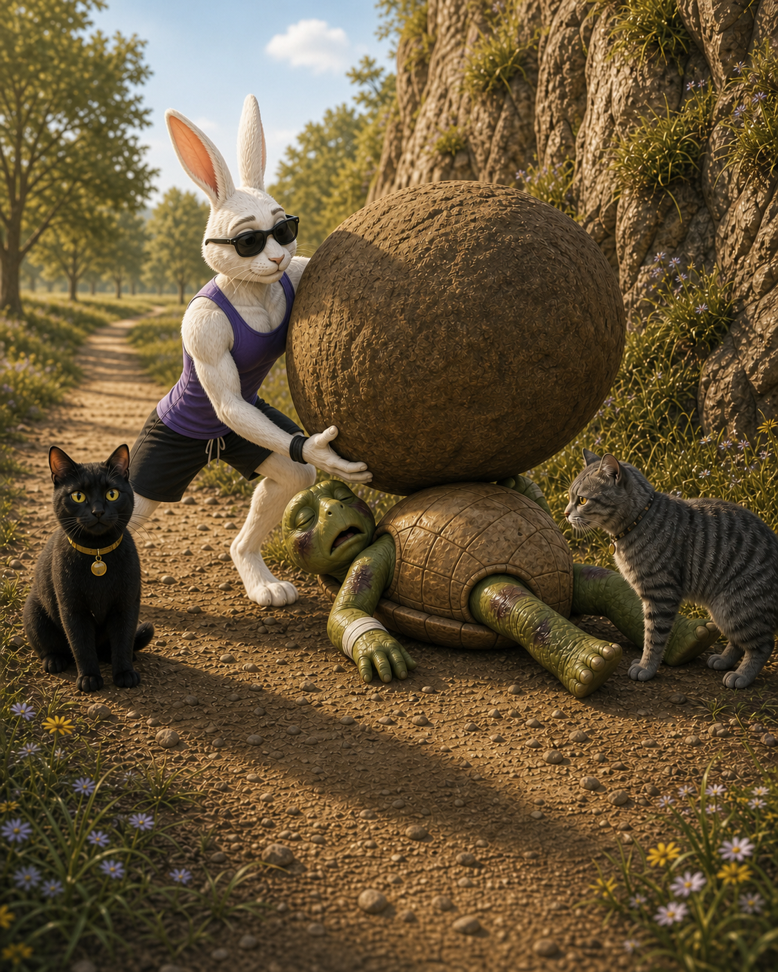 Rabbit lifts a boulder off Tortoise while Sunshine glares at Meeko