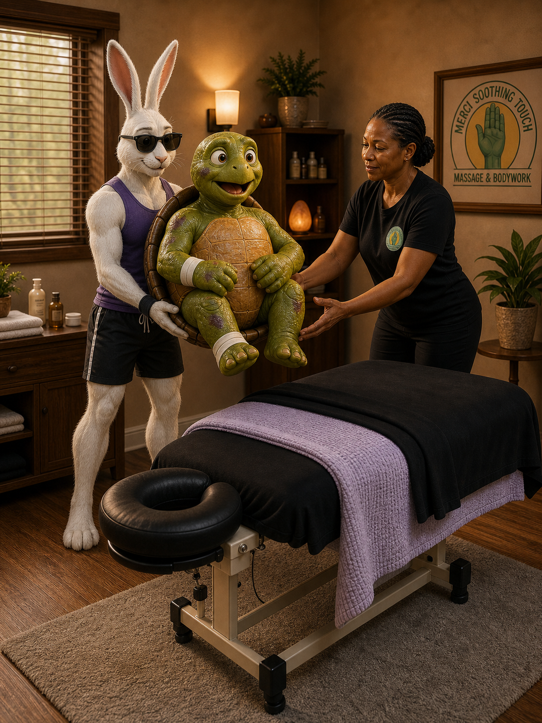 Rabbit carries Tortoise into Merci while Redza helps by the massage table
