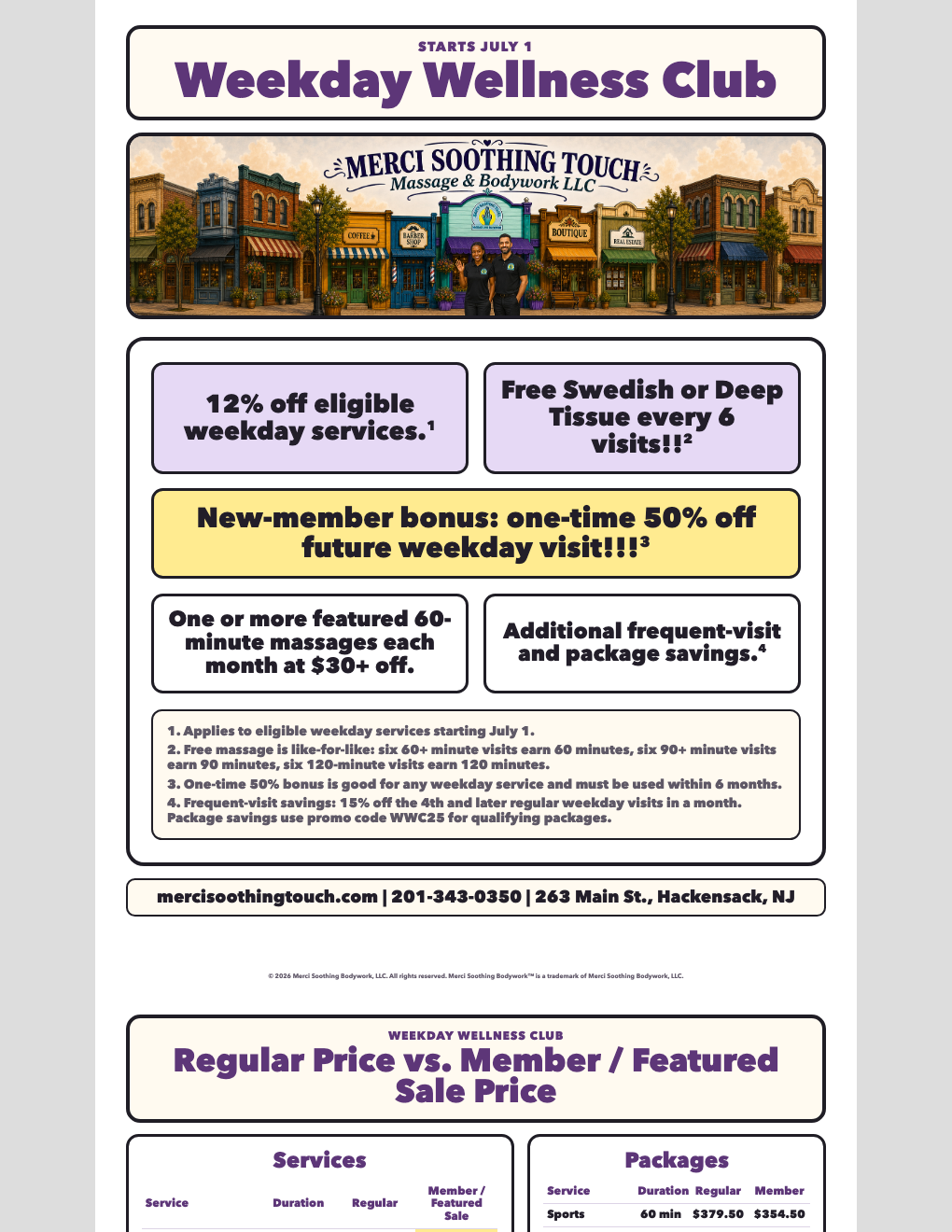 Weekday Wellness Club flyer with Main Street banner and offer details.