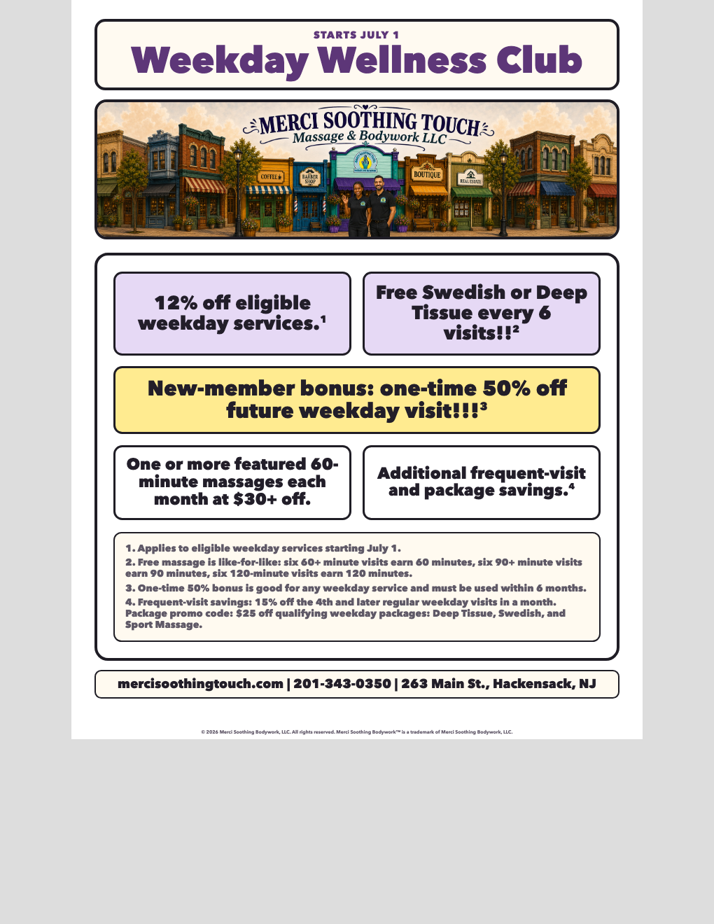 Weekday Wellness Club flyer with Main Street banner and offer details.