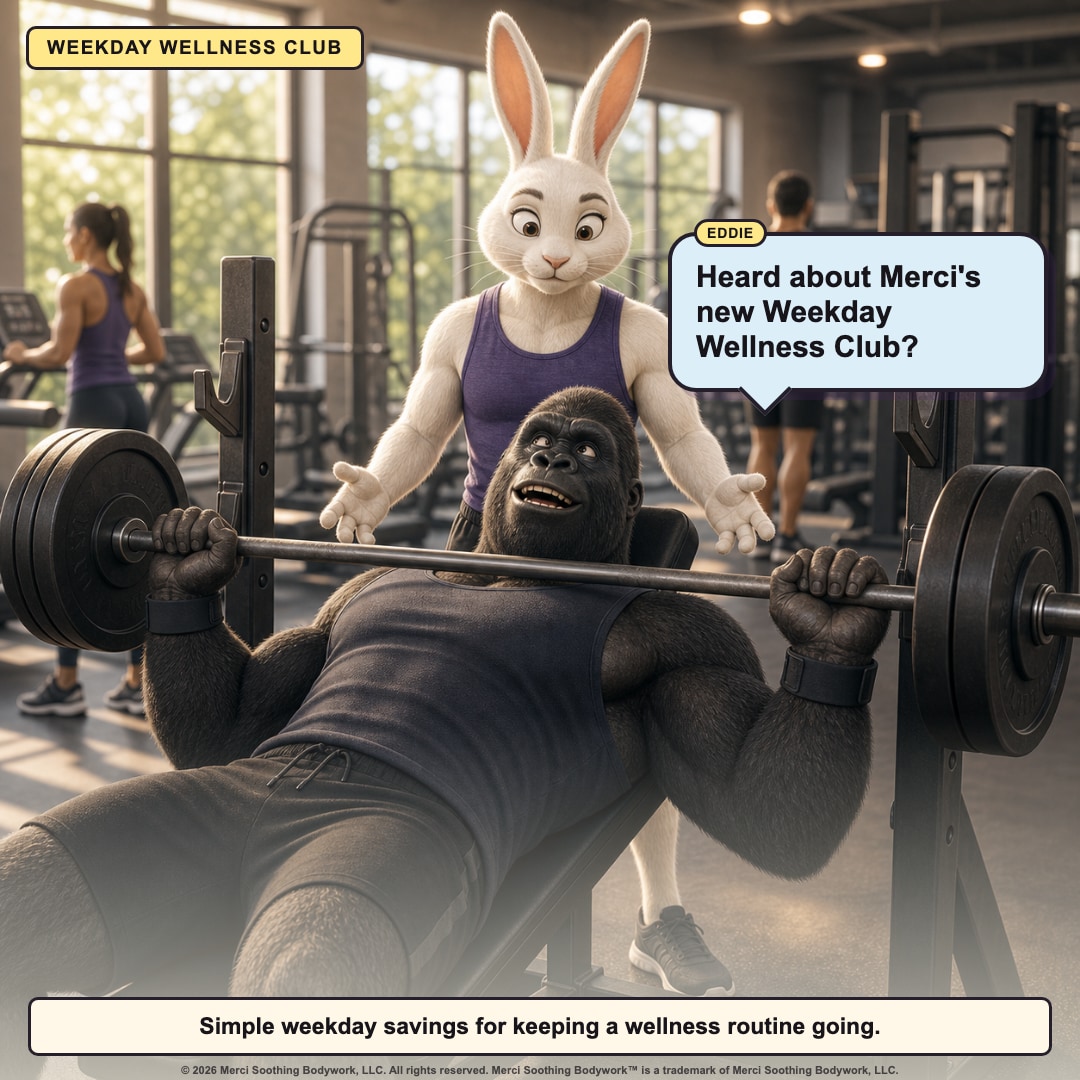 Rabbit spots Eddie while Eddie asks about Merci's Weekday Wellness Club.