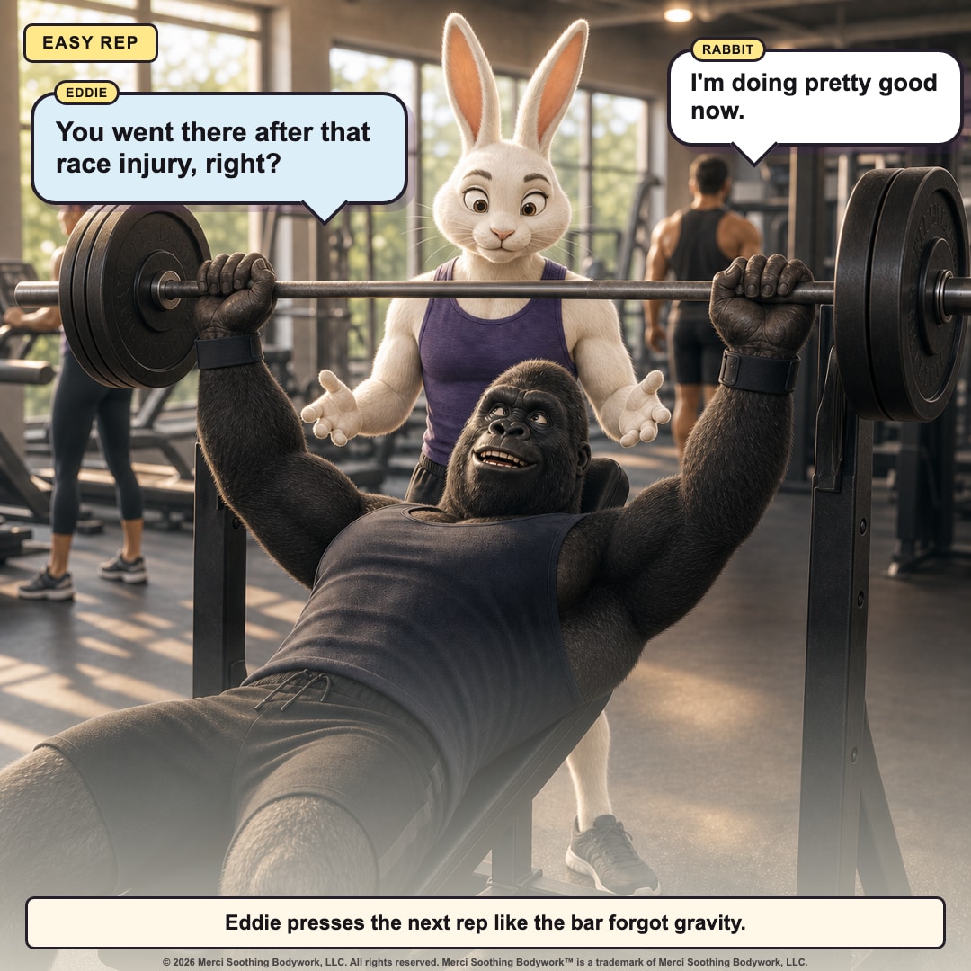 Eddie asks Rabbit about his race injury while pressing the bar.