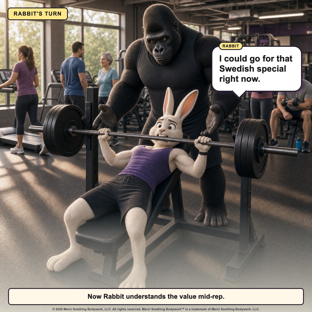 Rabbit struggles with the bar and wants a Swedish massage special.